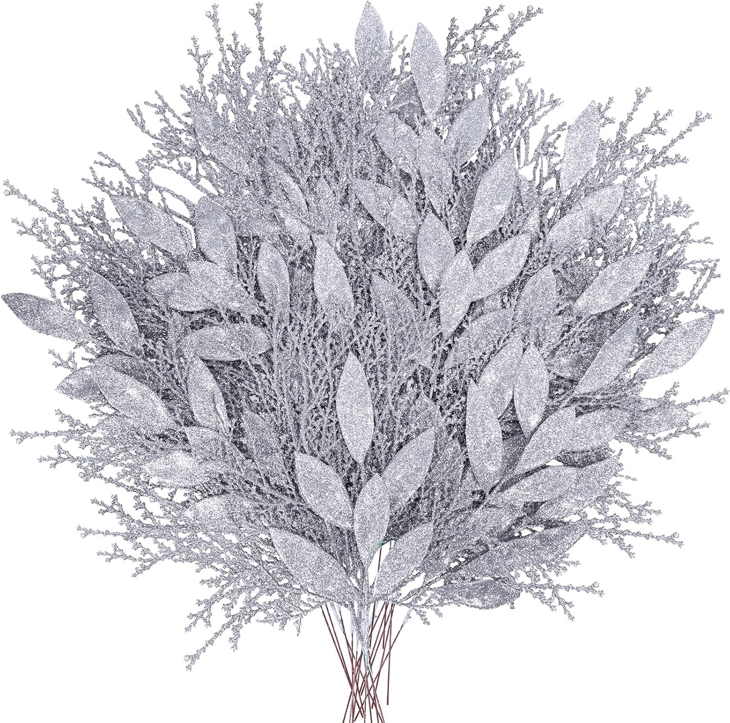 Winlyn 30 Pcs Christmas Artificial Leaf Sprays Cedar Picks Silver Glittered Chri