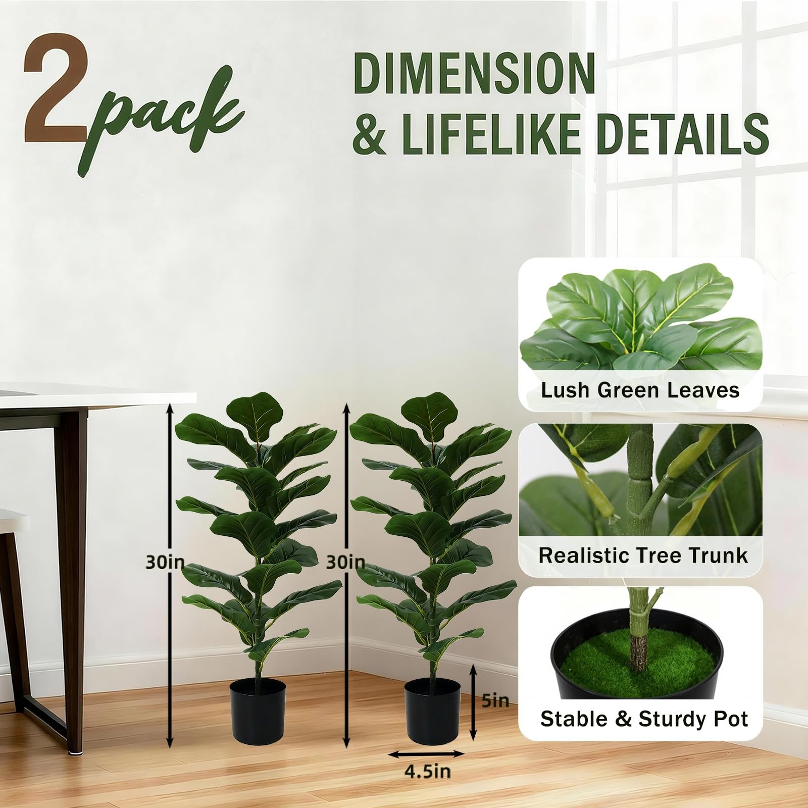 2 Pack Artificial Fiddle Leaf Fig Tree 30 In Fake Ficus Plant with Pots