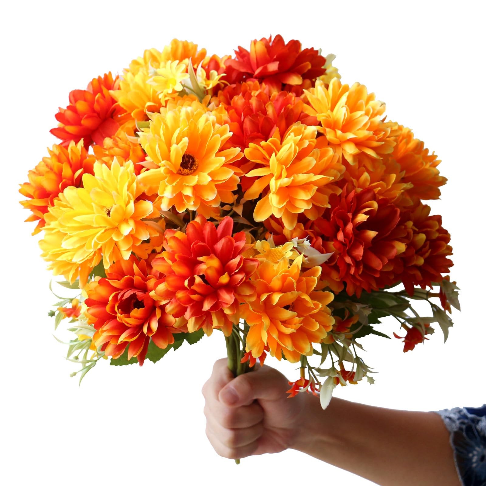 Artificial Fall Flowers for Outdoors Faux Mums Burnt Orange Yellow Marigold O…