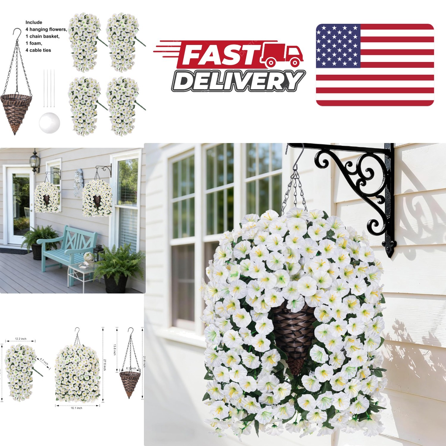 Indoor Outdoor Artificial White Morning Glory Flowers in Stylish Hanging Basket