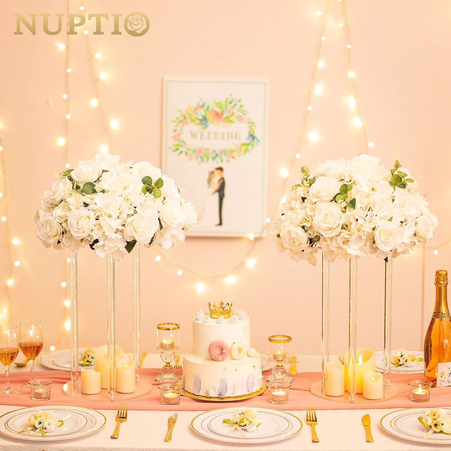 NUPTIO Flower Ball Arrangement Bouquet – 10 Pcs 15.7 Inch Diameter White Fake Fl