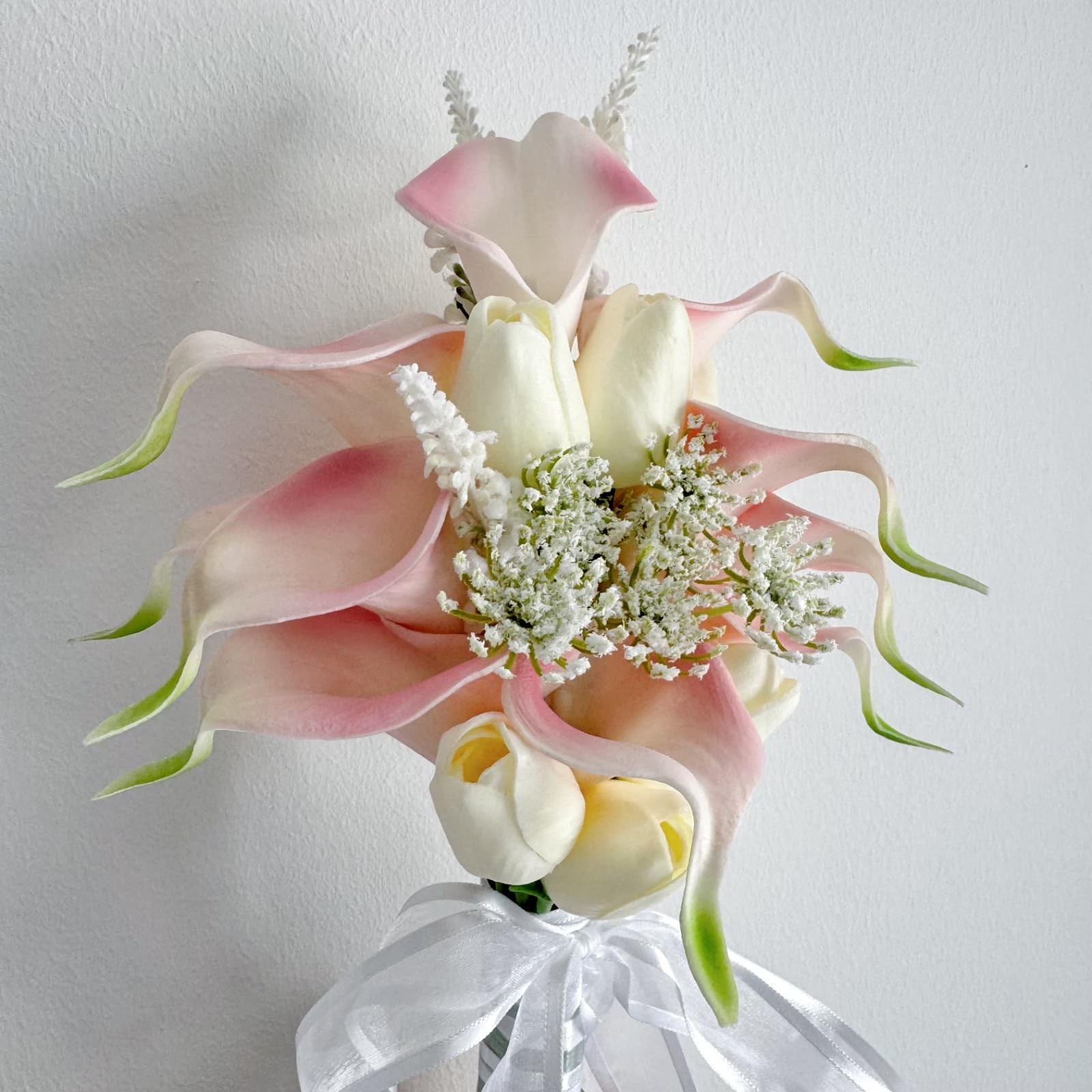 Cream Pink Artificial Calla Lilies Tulip Flowers Bridesmaid Bouquet Set