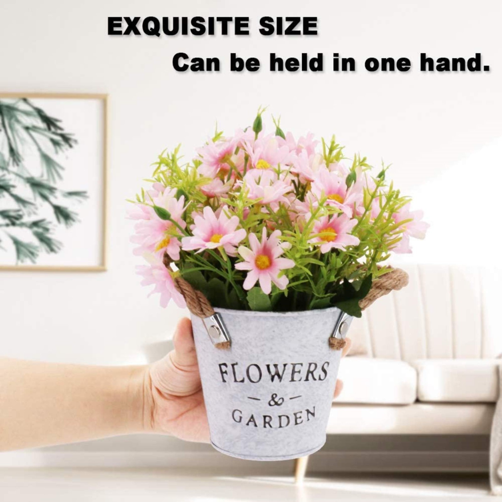 Artificial Daisy Flowers in Metal Pot Fake Pink Daisies Potted Plant Home Decor