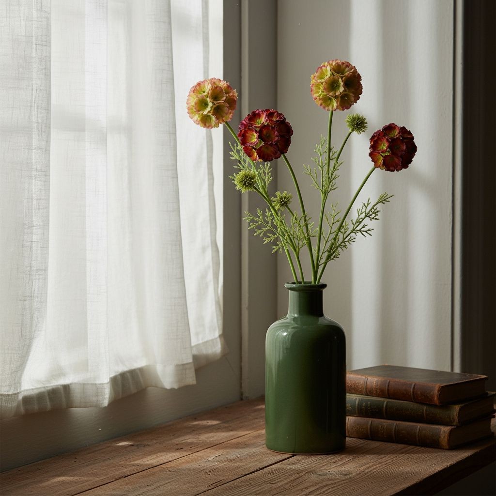 Artificial Scabiosa Flower Stems Green Blush Burgundy Faux Wildflower Cottage Fl