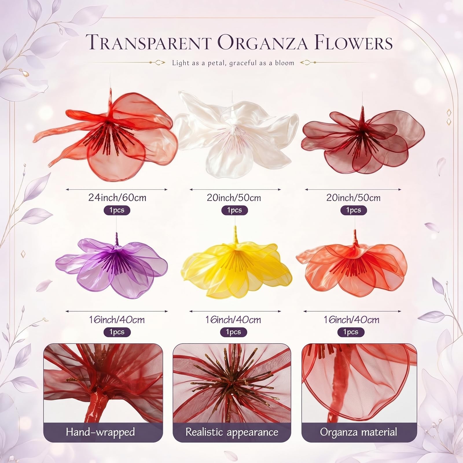 6 Pcs Giant Hanging Ceiling Flowers Decoration 24in 20 in 16in Large Organza …