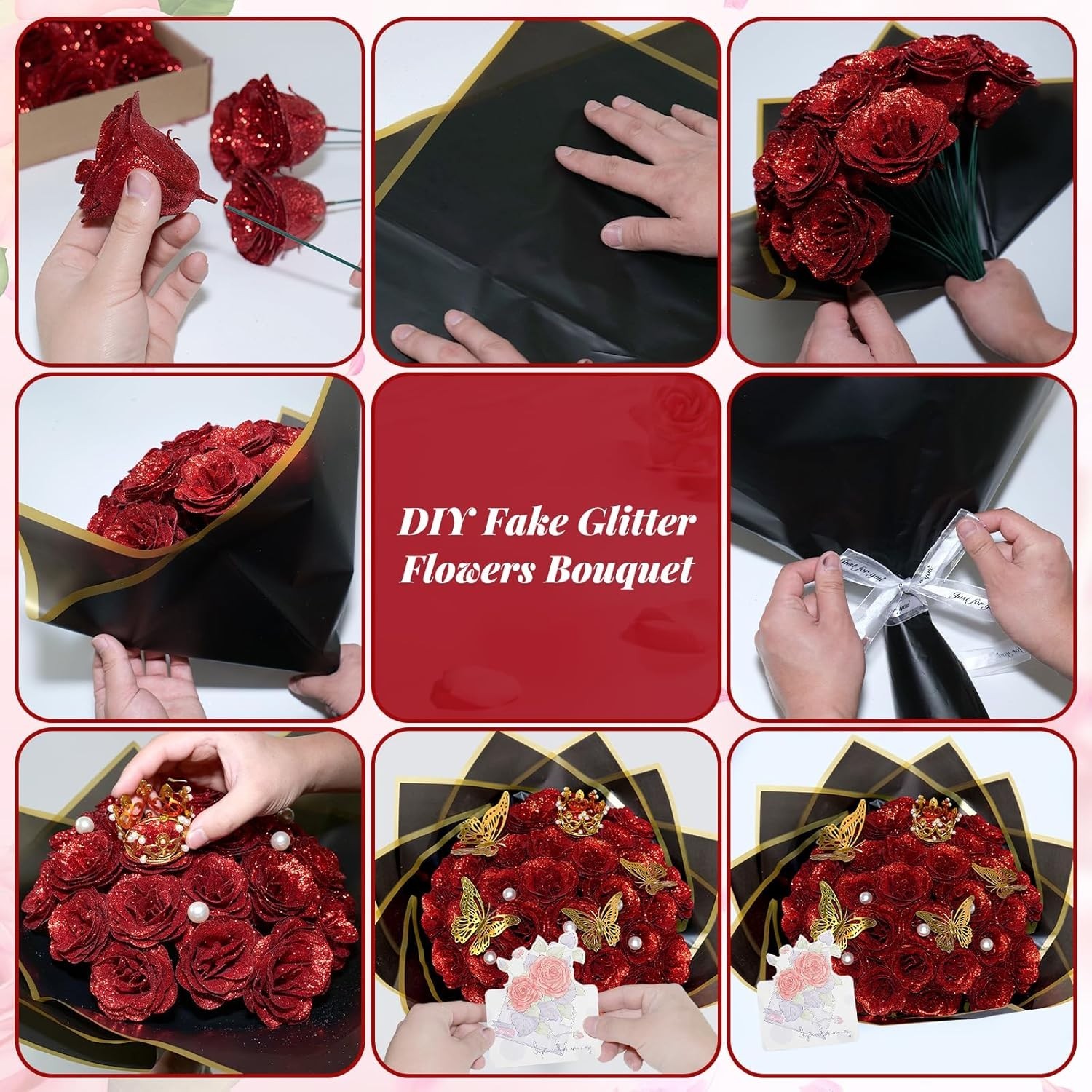 Red Glitter Roses Bouquet, 24 Pcs Shiny Glitter Flowers Bouquet, Everlasting Art
