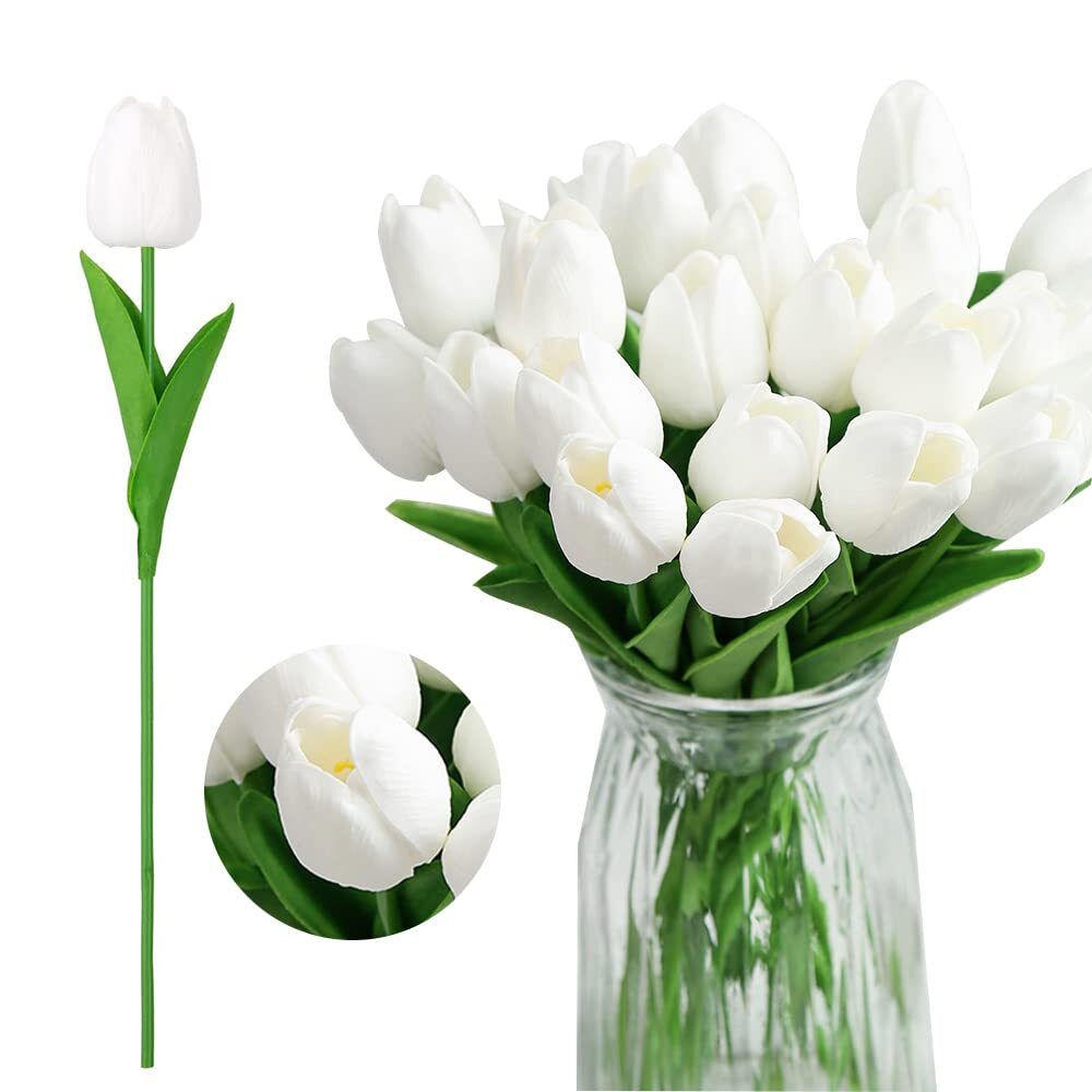 24PCS Artificial White Tulips Real Touch Flowers for Centerpieces Home Decor