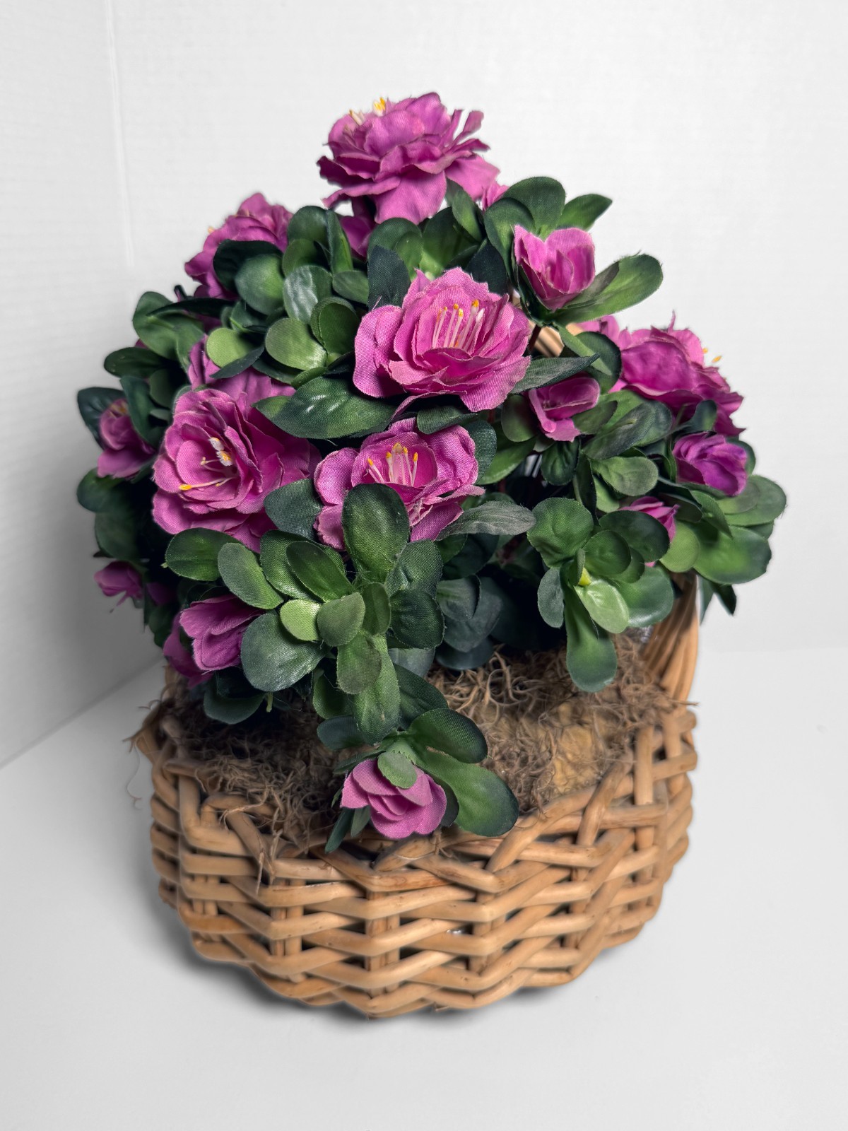 Camellia Artificial Flower Arrangement In Wicker Basket VTG 80s Centerpiece 13”h