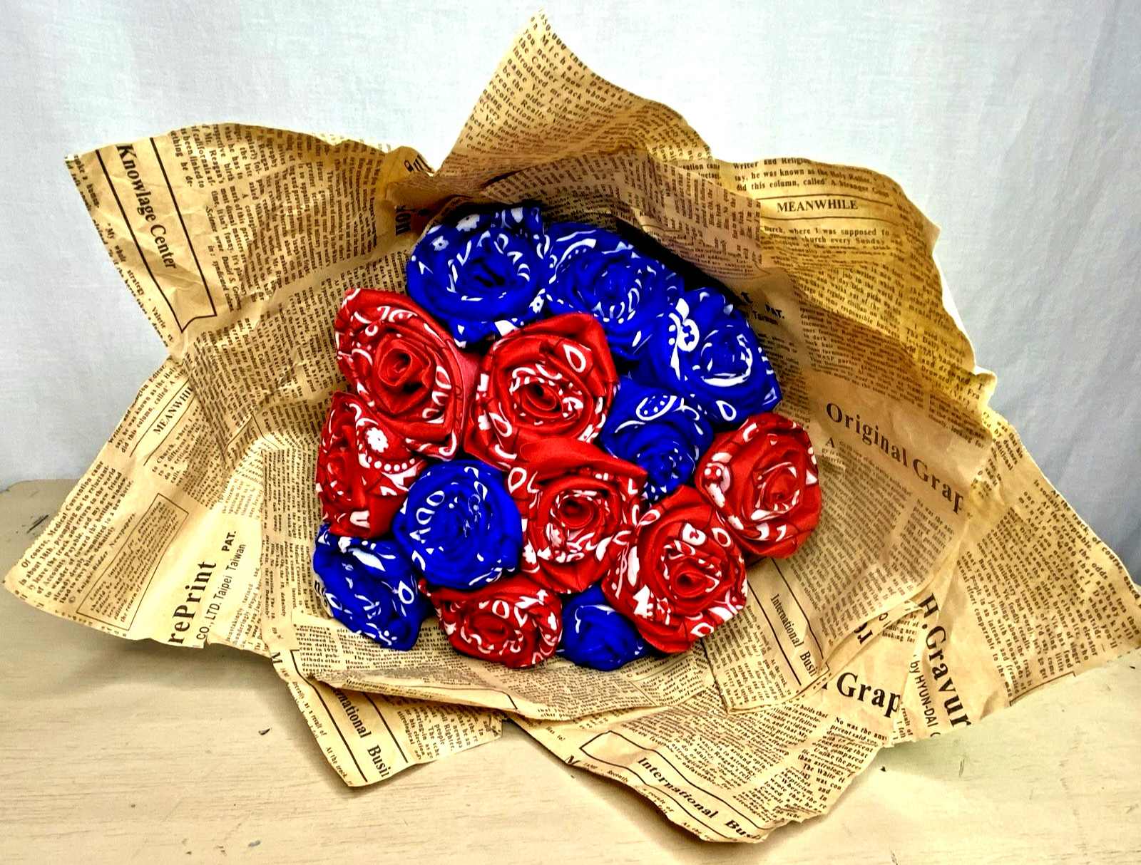 Handmade Rose Bouquet Bandana Wrap Blue Red Roses Vintage Newspaper Replica