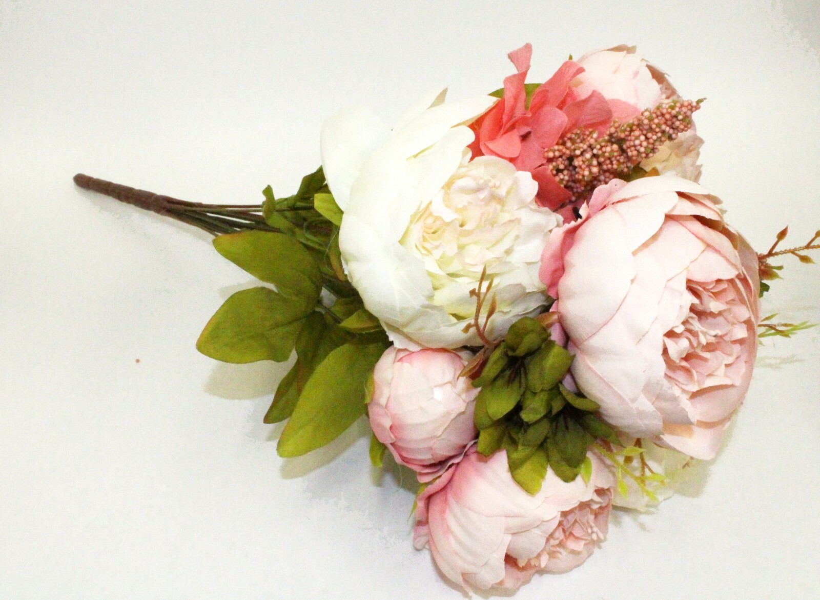 Cream Blush Color 8 Head Silk Rose Peony Open Bush Artificial Bouquet Wedding