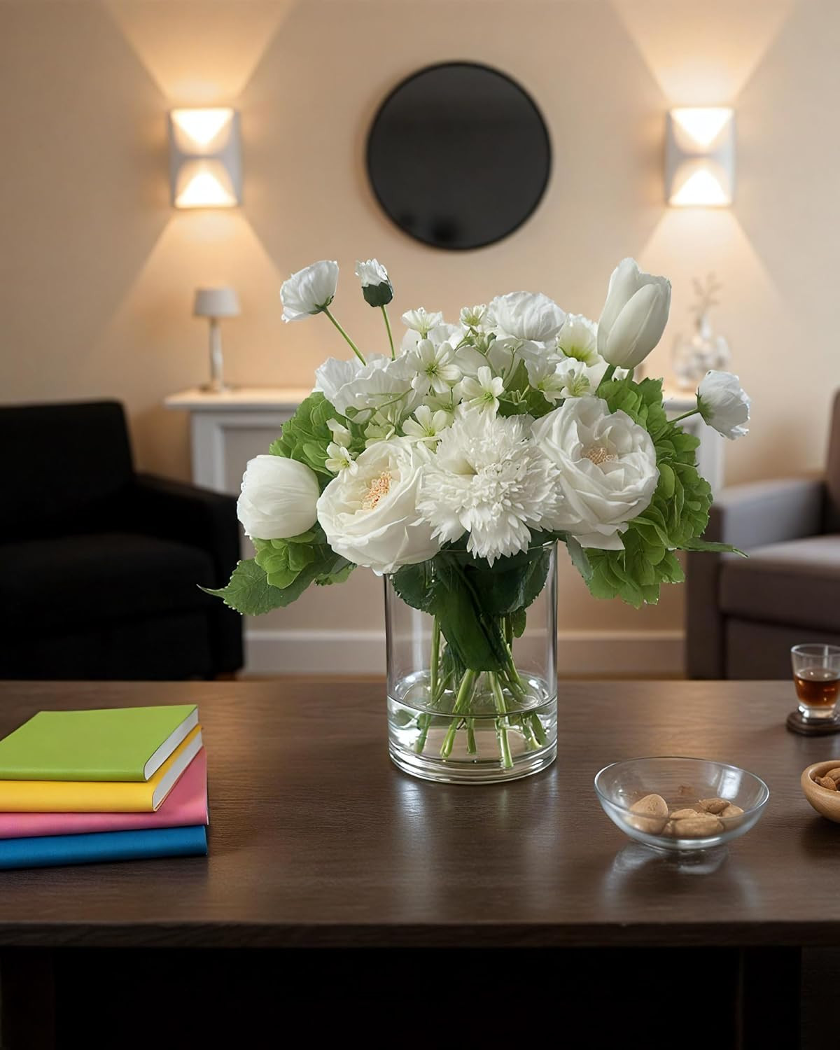 Lifelike Flower Arrangement in Glass Vase – No Water Needed, Perfect Gift!