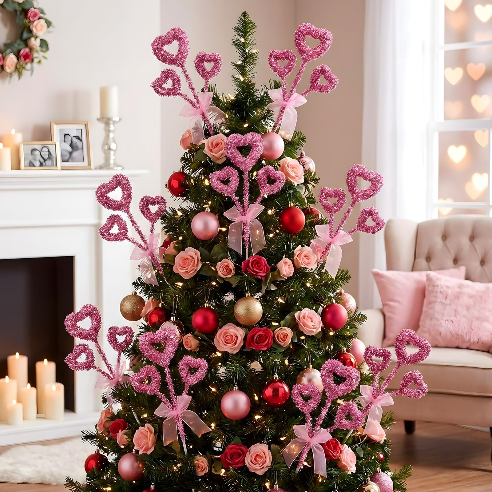 6 PCS 14 Inch Pink Valentine Tree Topper Glitter Tinsel Heart Picks Decor