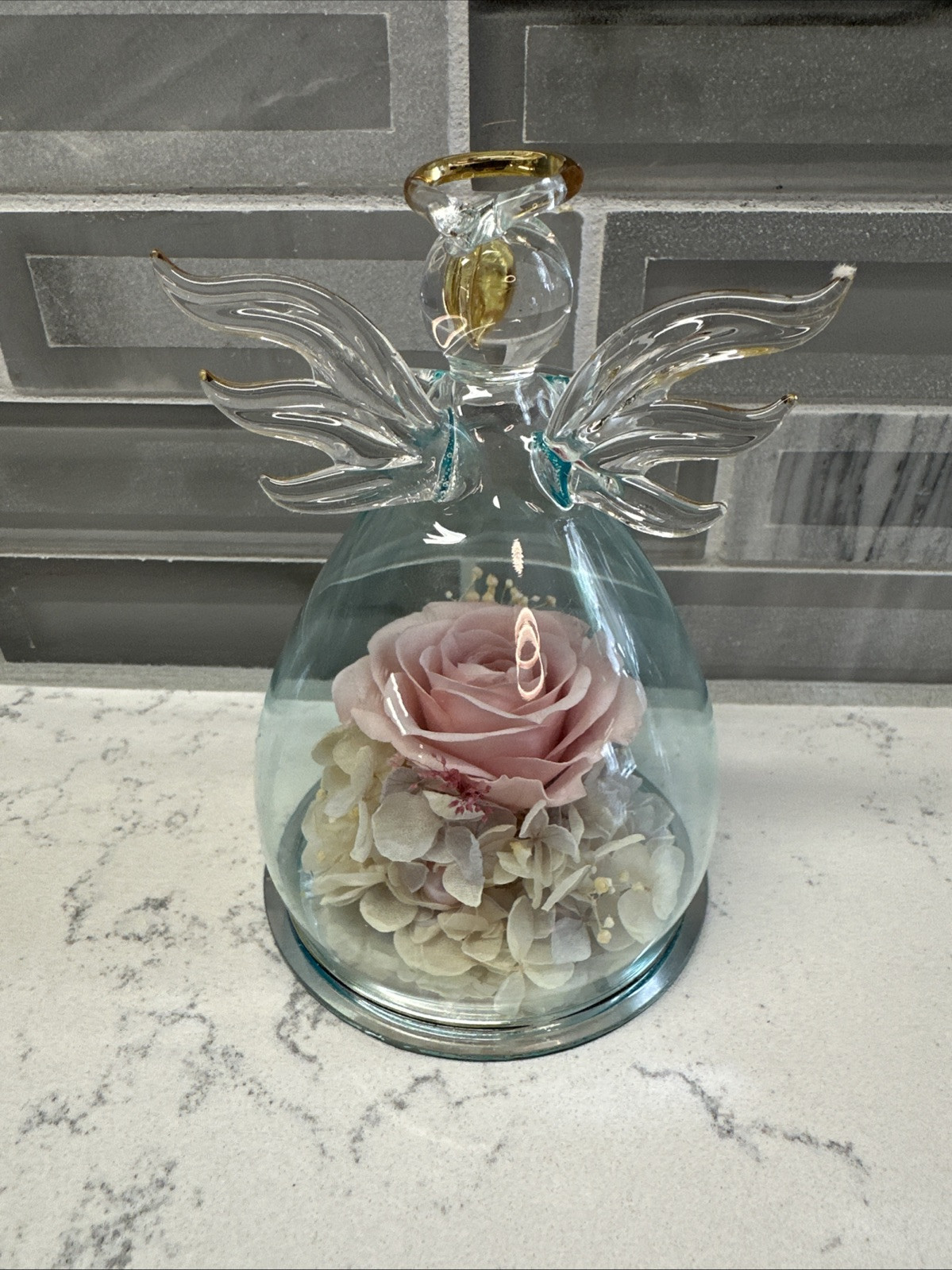 ANLUNOB Mother’s Day/Birthday Gift Glass Praying Angel w/Pink Rose Flower EUC!