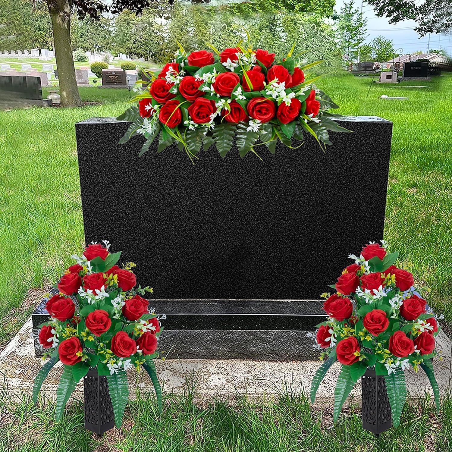 2 Sets of Artificial Cemetery Flowers， Outdoor Grave Decorations Roses，Accomp…