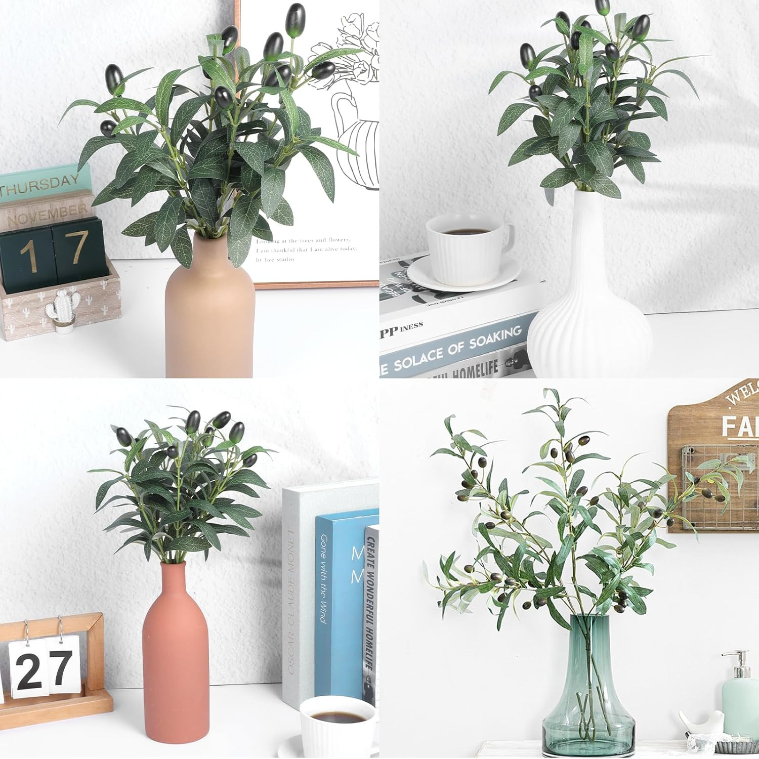 5Pcs Faux Olive Leaves Stems, 11 Inch Olive Branches Artificial Tree Tabletop Gr