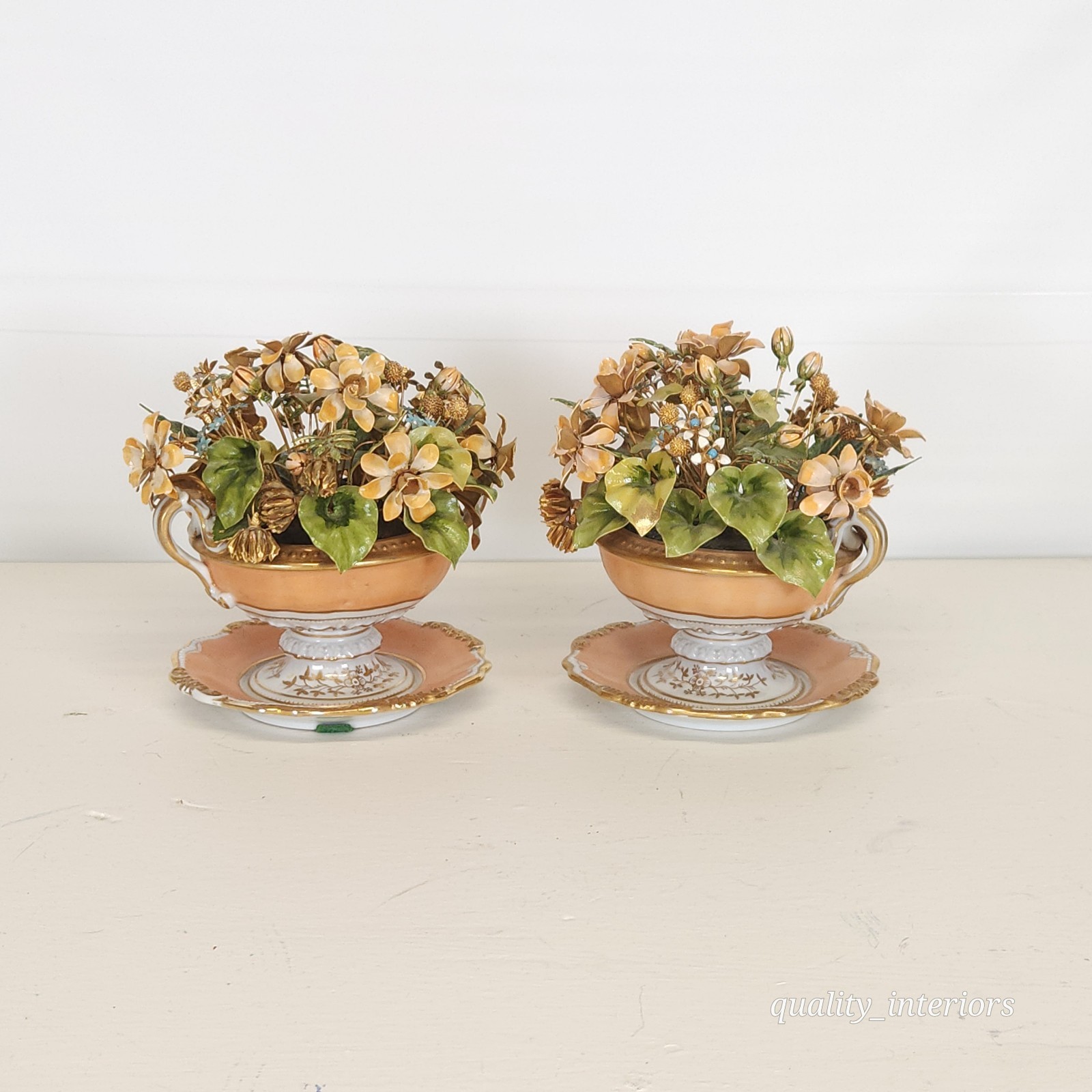 Pair Jane Hutcheson for Gorham Apricot Teacup & Saucer Floral Arrangement