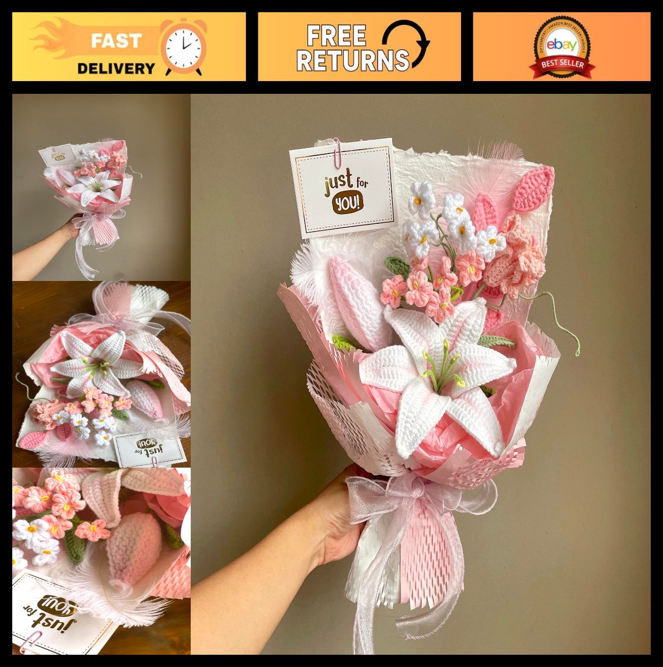 Luxury White Pink Lily Crochet Flowers Bouquet | Handmade Floral Decor Gift for