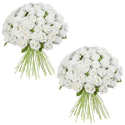 100PCS White Artificial Silk Roses Bouquet – Wedding Centerpieces, Home Decor, D
