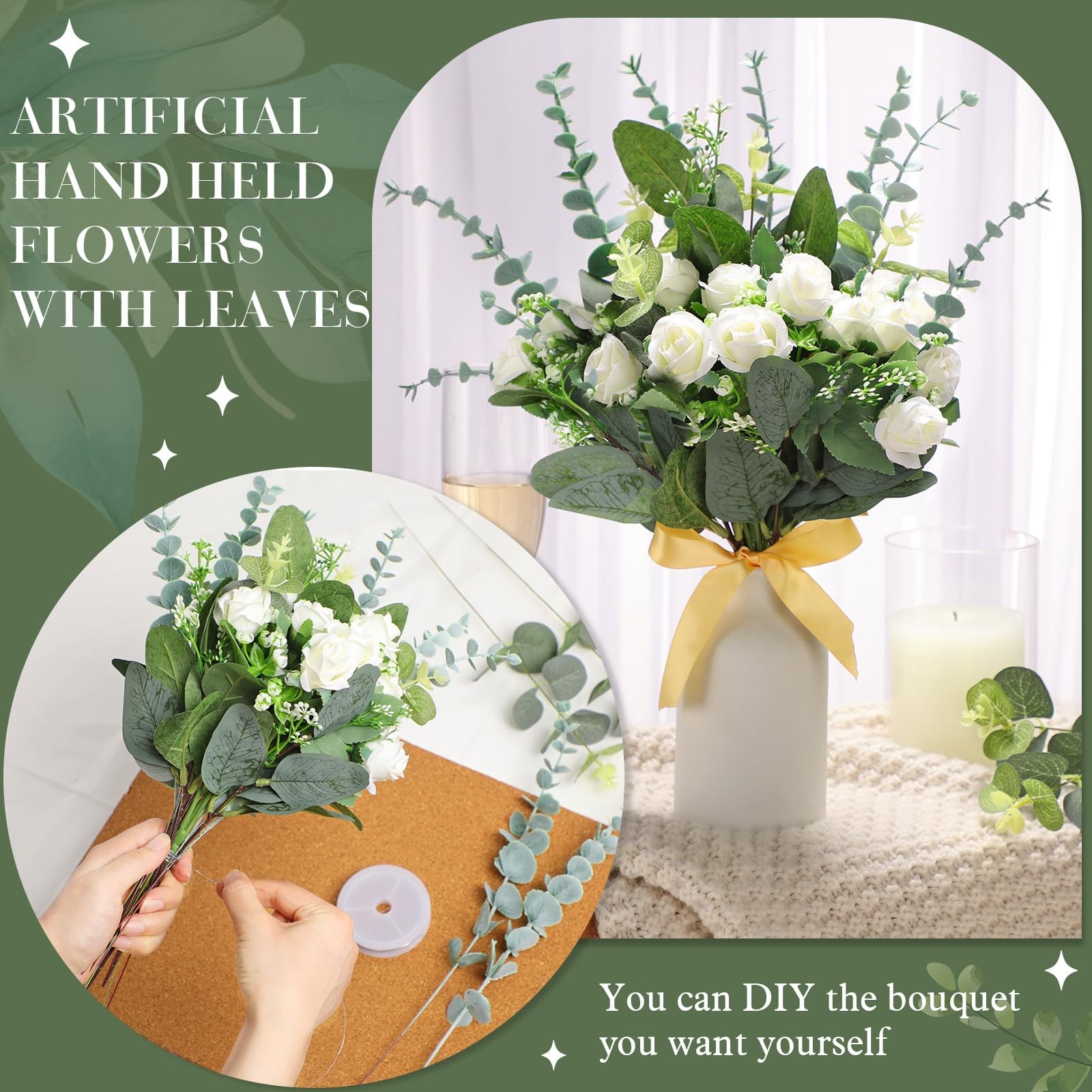 Set of 6 Bridesmaid Bouquets with White Roses and Eucalyptus Stems for Weddings