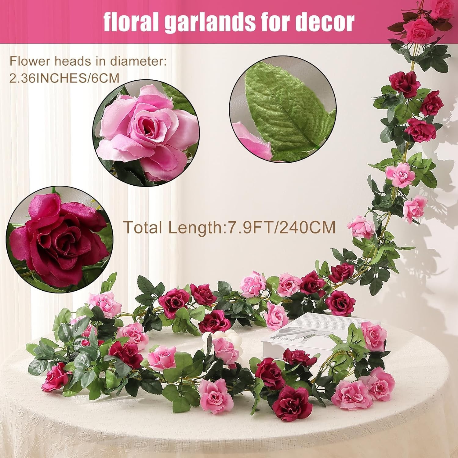 2 Pack Artificial Rose Garland Fuchsia Pink Silk Flower Vines for Wedding Hom…