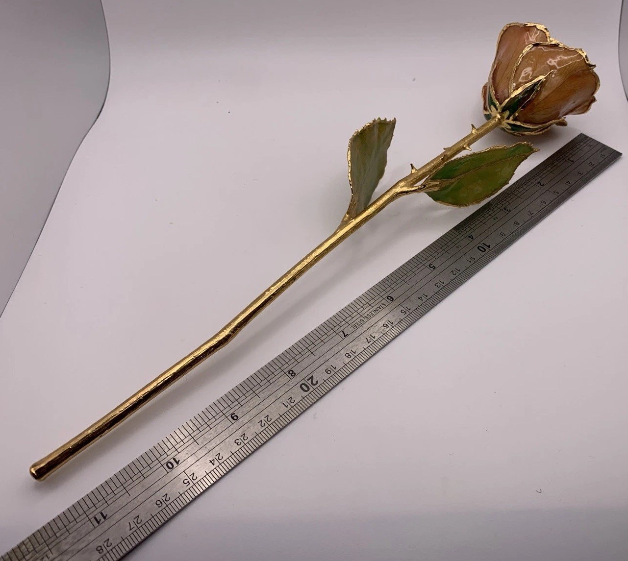 Real Rose Lacquer Dipped 24 Karat Gold Trim Lite Pink/Orange 11.5” With Vase