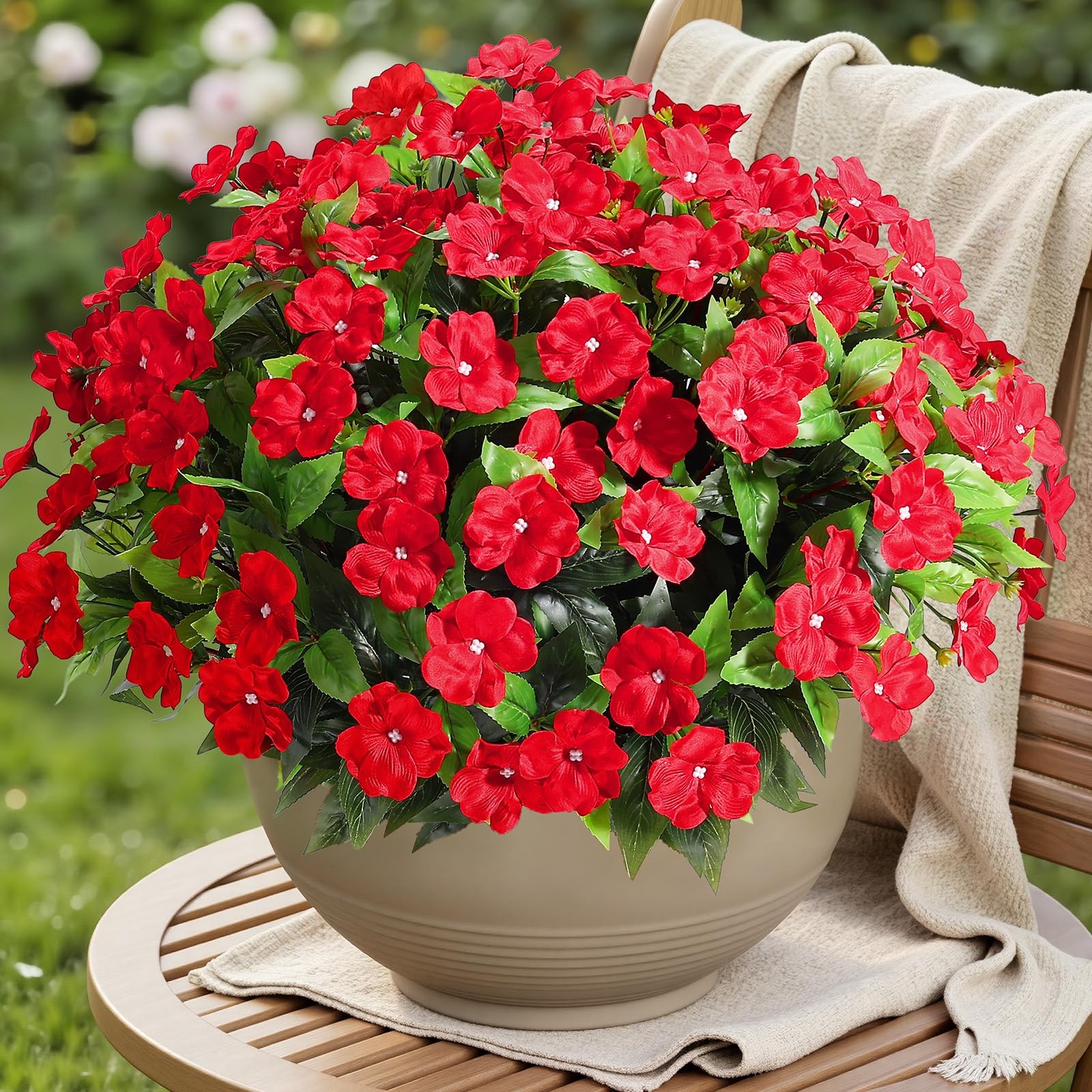 8 Bundles Artificial Impatiens Flowers Faux Silk Plant for Indoor Outdoor Dec…