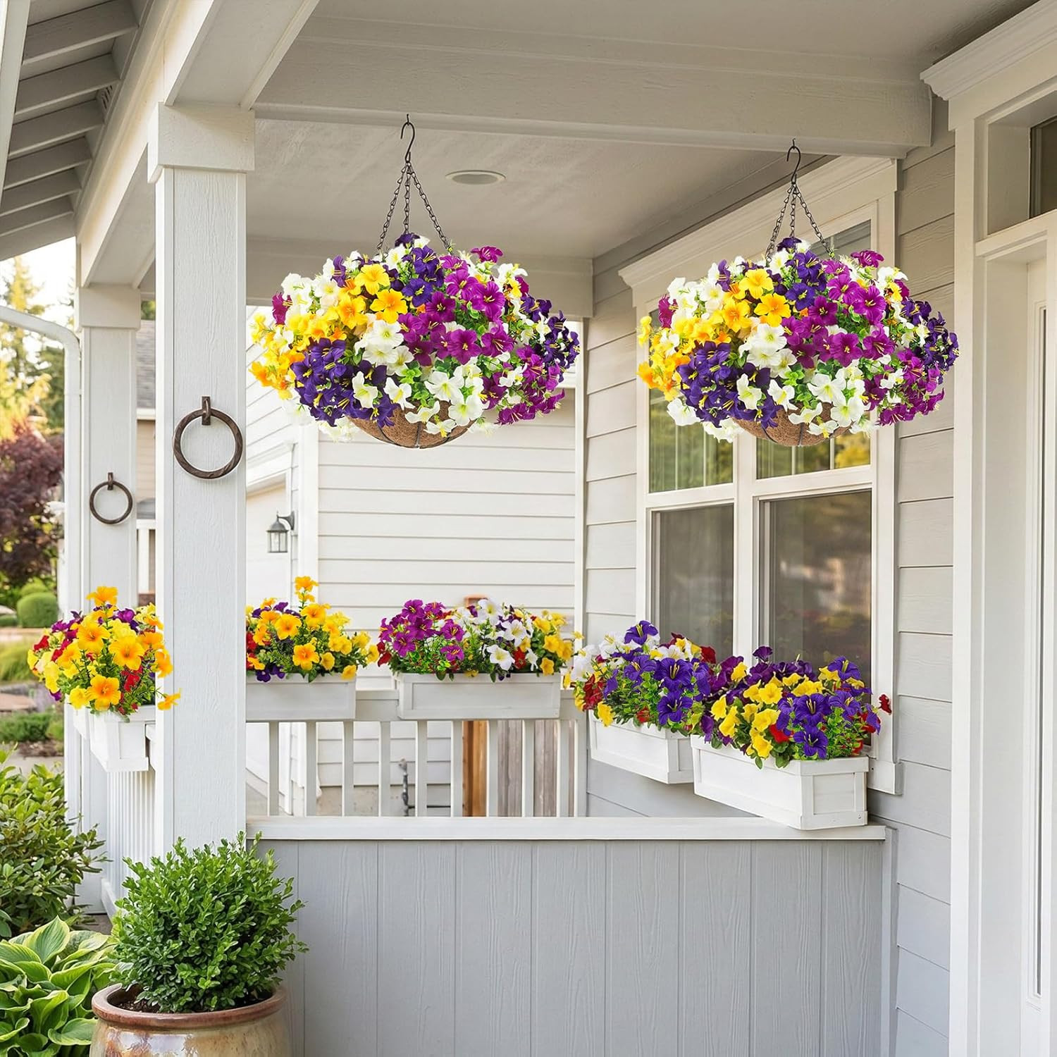 2 Set Artificial Outdoor Flowers with Hanging Baskets,24 Pcs UV Resistant Faux P