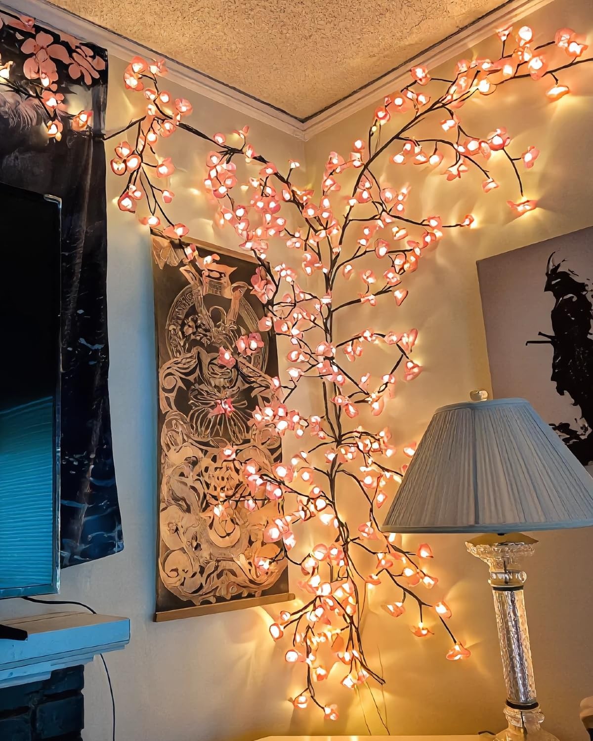 4FT 48 LED Pink Cherry Blossom Vine Lights Remote Flower Willow Wall Decor