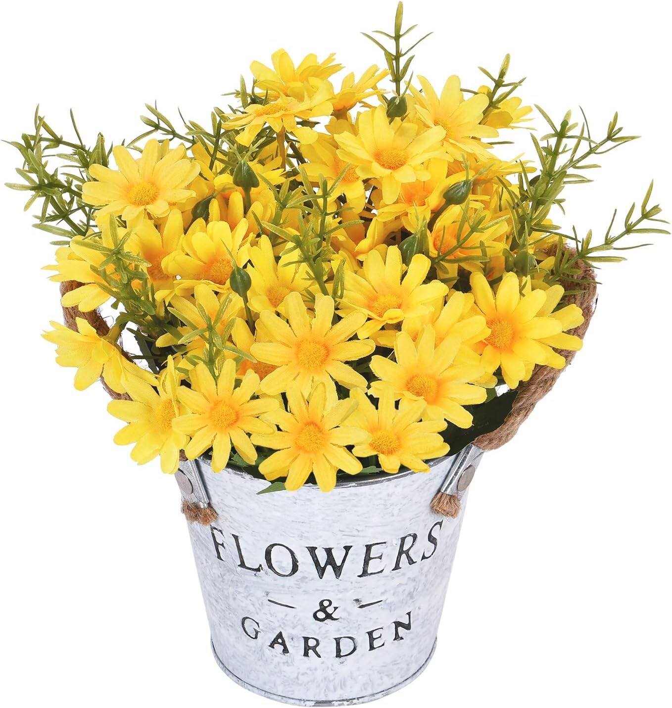 Floral Arrangement Bouquet Yellow Daisy Metal Pot Artificial Flowers Home Decor