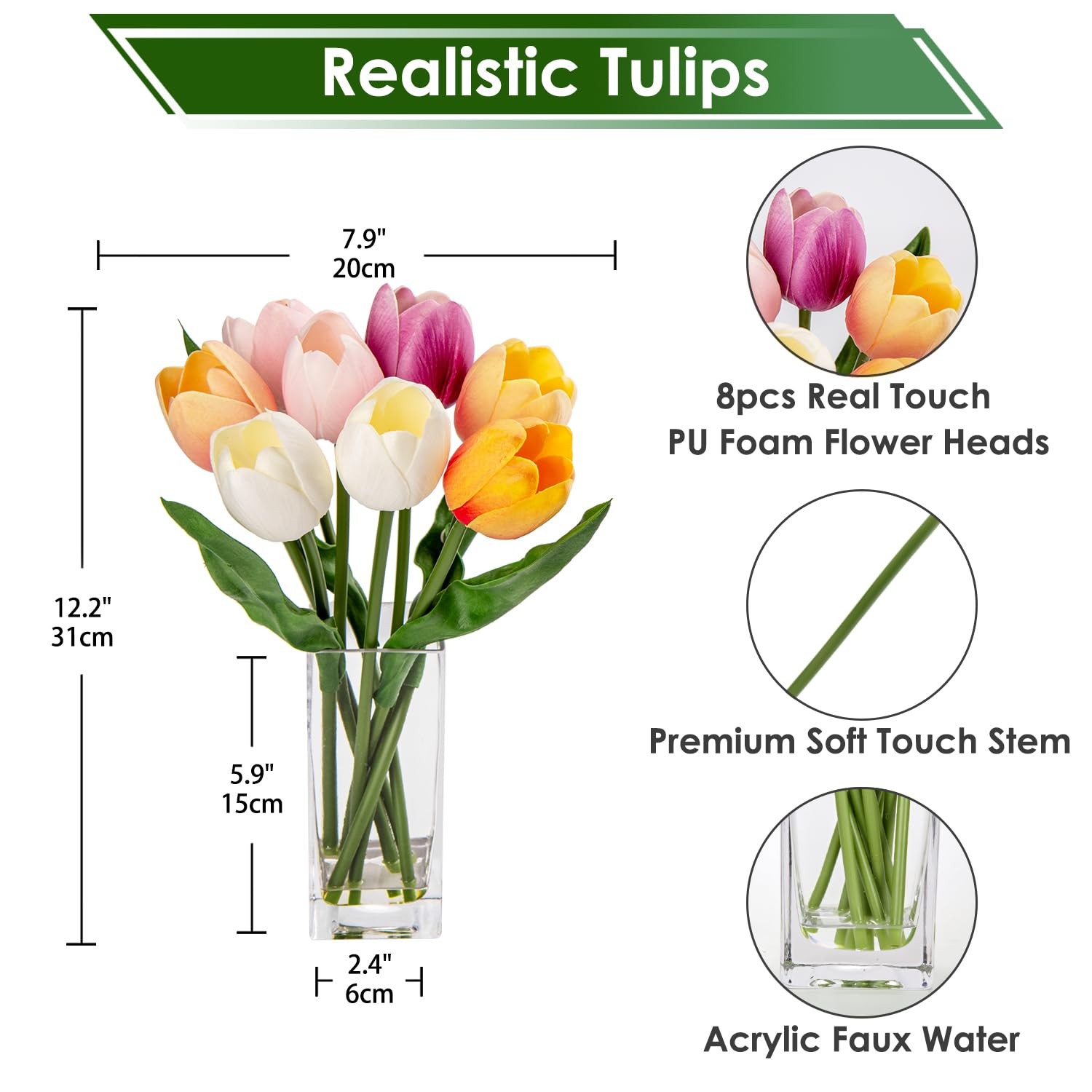 Artificial Tulip Fake Flower In Clear Vase Multi Color Real Touch Arrangement