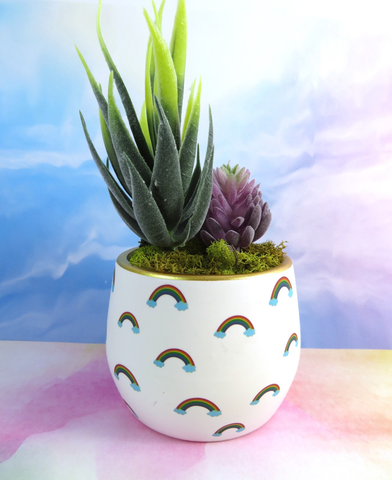 Mini Rainbows Ceramic Planter With Artificial Succulents Gold Rim 2.5 Inch New