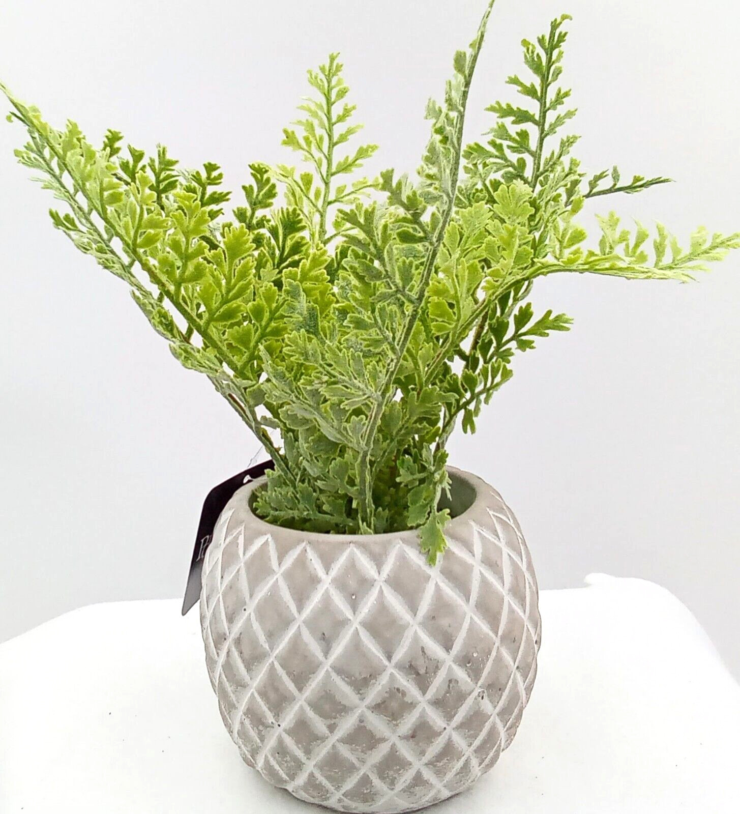 Fern Ceramic Pot Planter Diamond Pattern White Gray Tan Artificial Floral 10″