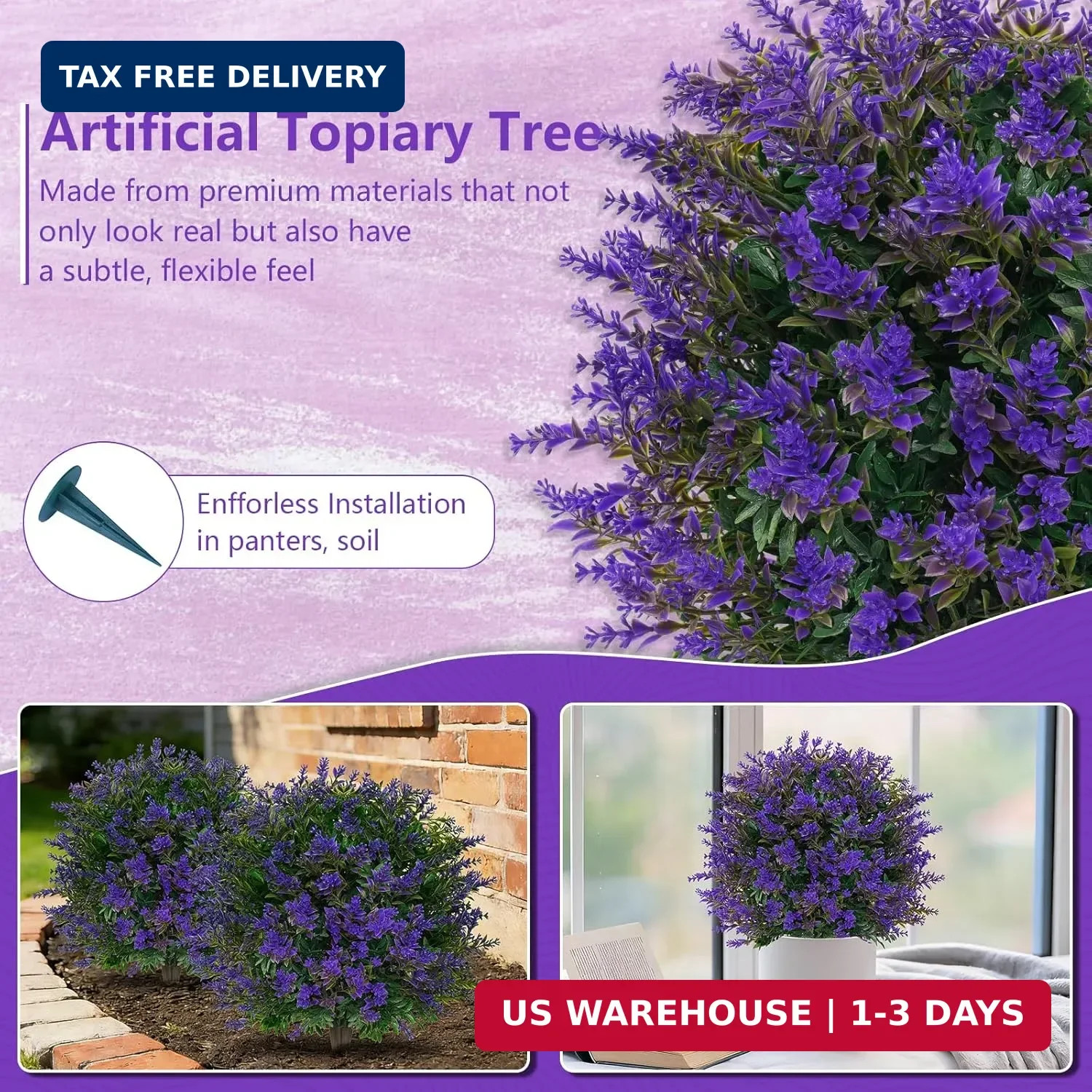 Grooy Artificial Lavender Topiary Ball for Outdoors, Set of 2 Boxwood Plant Tree