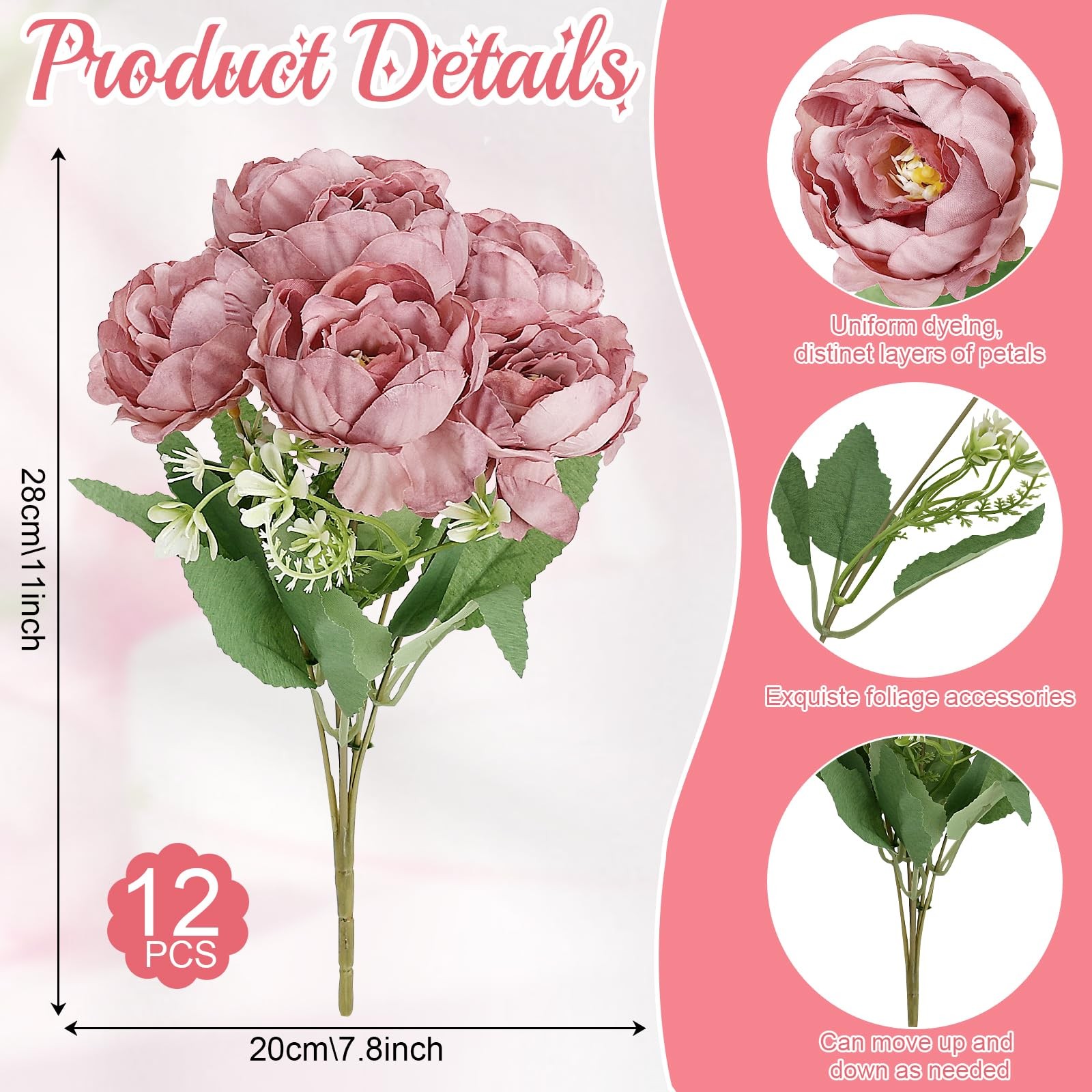 12 Bundles Dusty Rose Artificial Peonies Silk Flowers Fake Wedding Centerpiece