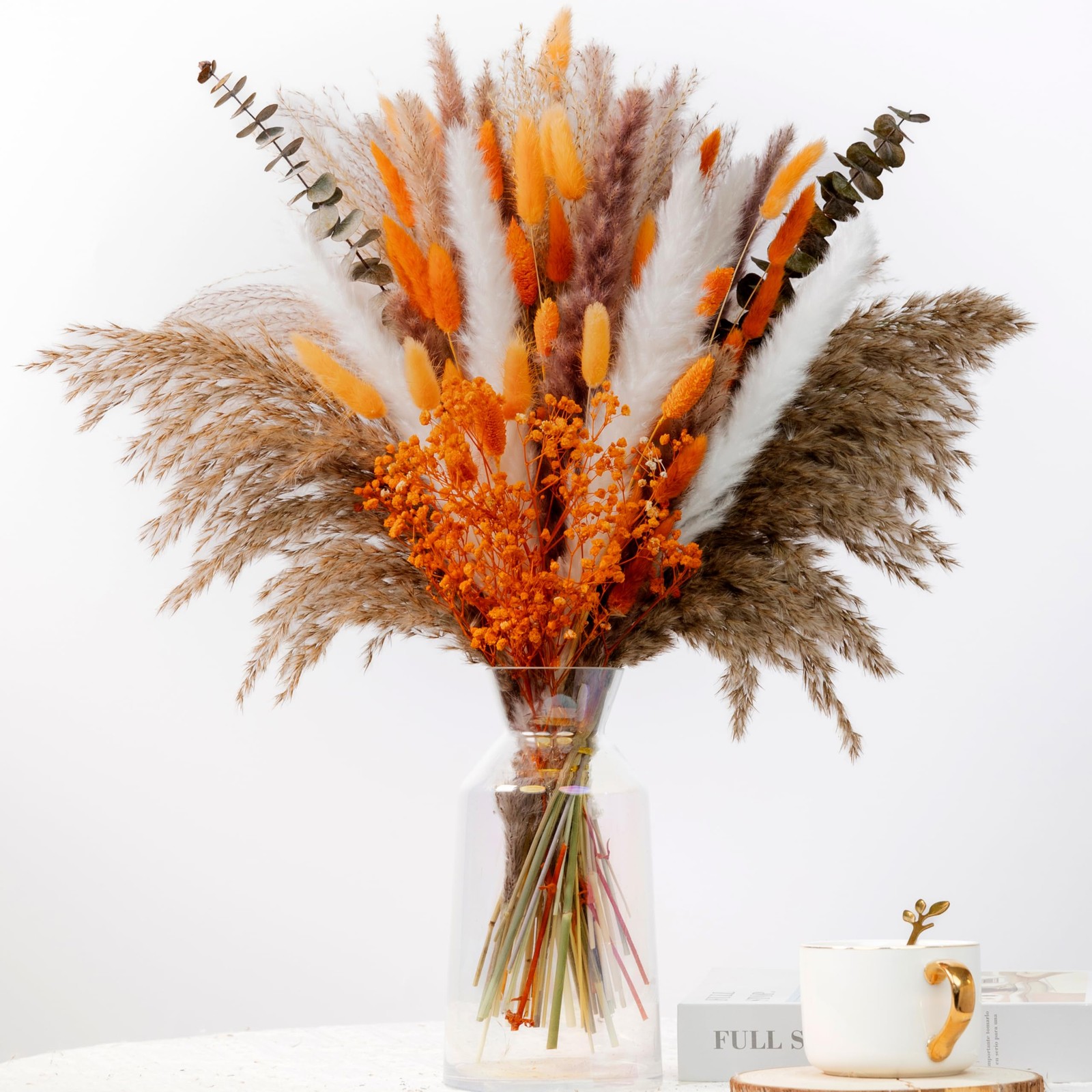 120Pcs Orange Dried Pampas Grass Bouquet, 17” Natural Baby’s Breath, Bunny T…