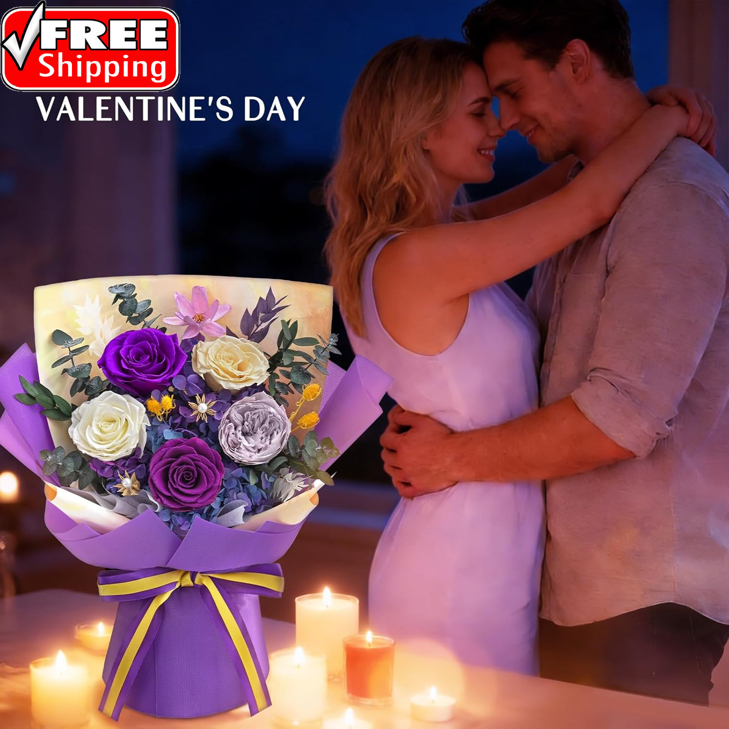 5 Pcs Glitter Purple Preserved Roses Flowers Bouquet, Forever Rose Flowers for D