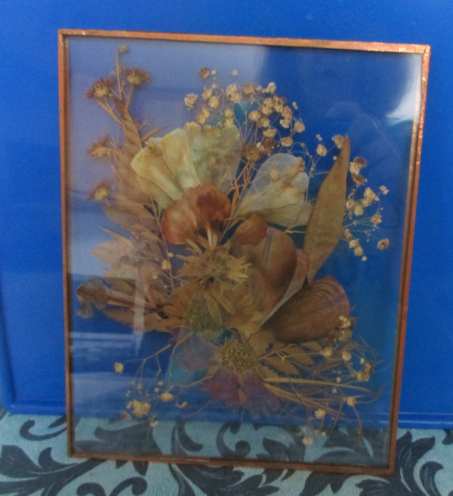 Dried Pressed Wildflowers Arrangement Encased in Glass w/ Thin Copper Boarder