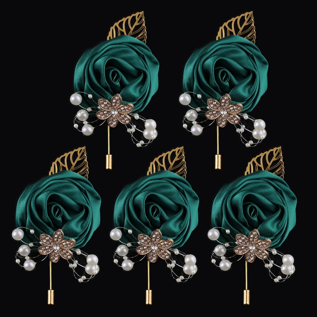 5pcs Emerald Green Boutonniere, Gold Leaf, Faux Silk Rose, Corsage, Wedding