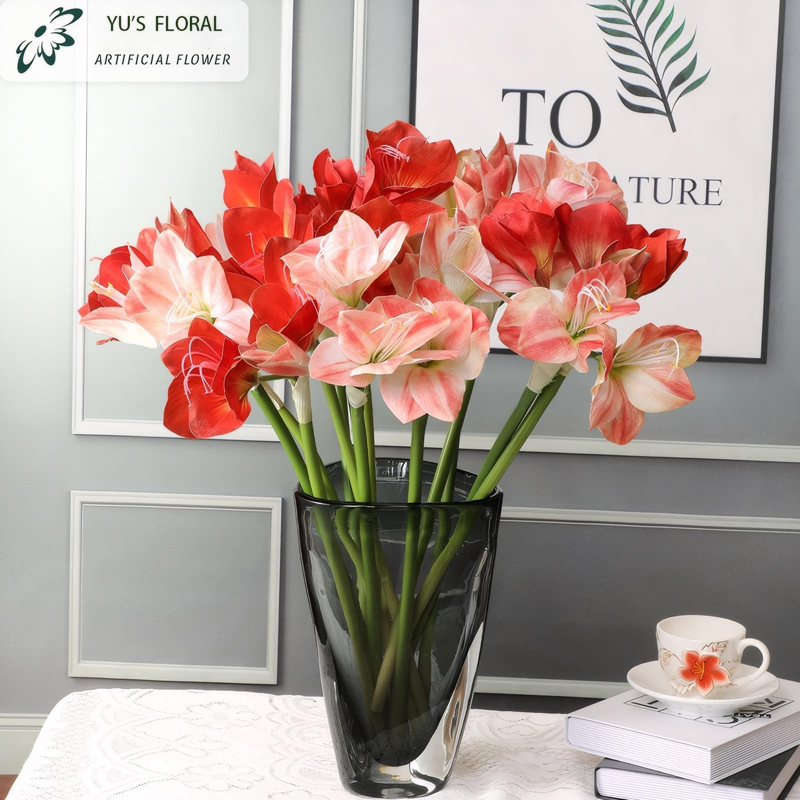 21.5″ Artificial Amaryllis Flowers 3pcs Pink Fake Silk Flowers Faux Belladonn…