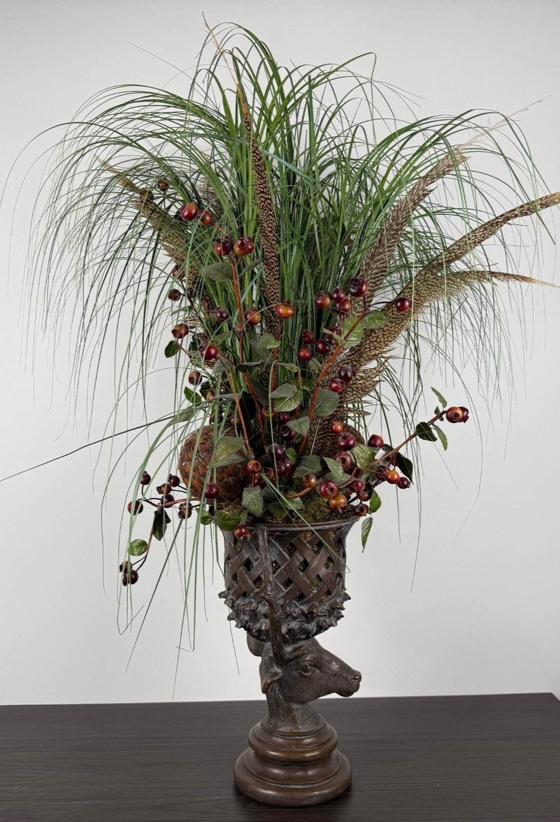 Rustic Stag Head Urn Faux Floral Arrangement Pheasant Feather Lodge Centerpiece