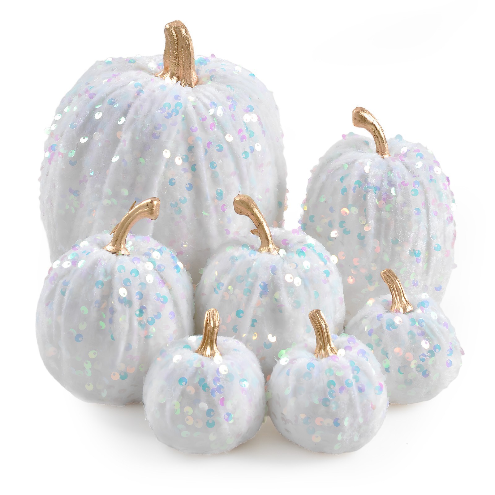 7 Pc Sequin Pumpkin Set Foam Core Plush Fabric Shimmering for Seasonal Display