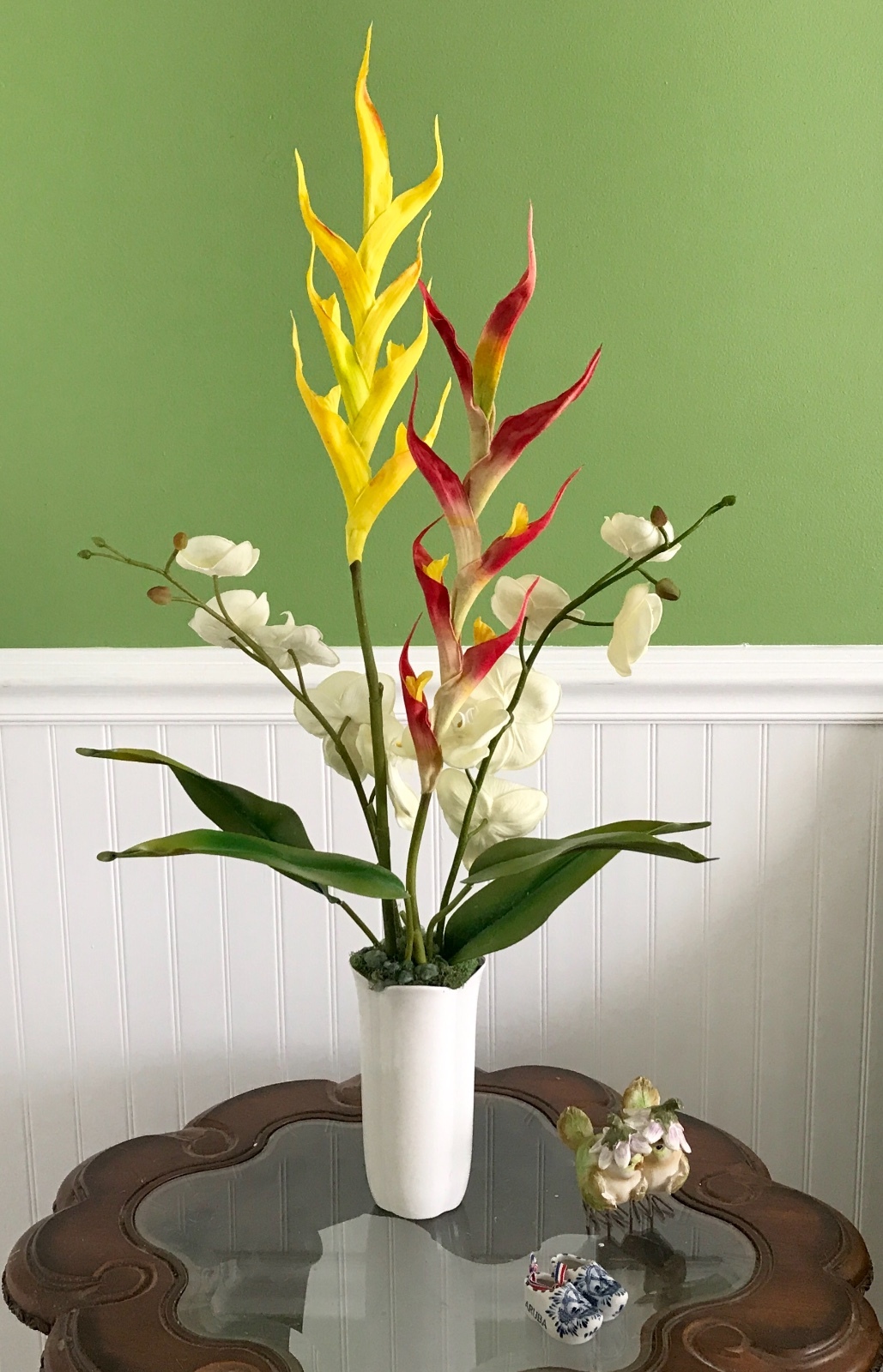 Silk White Orchids with Yellow and Red Dragon Floral Arrangement