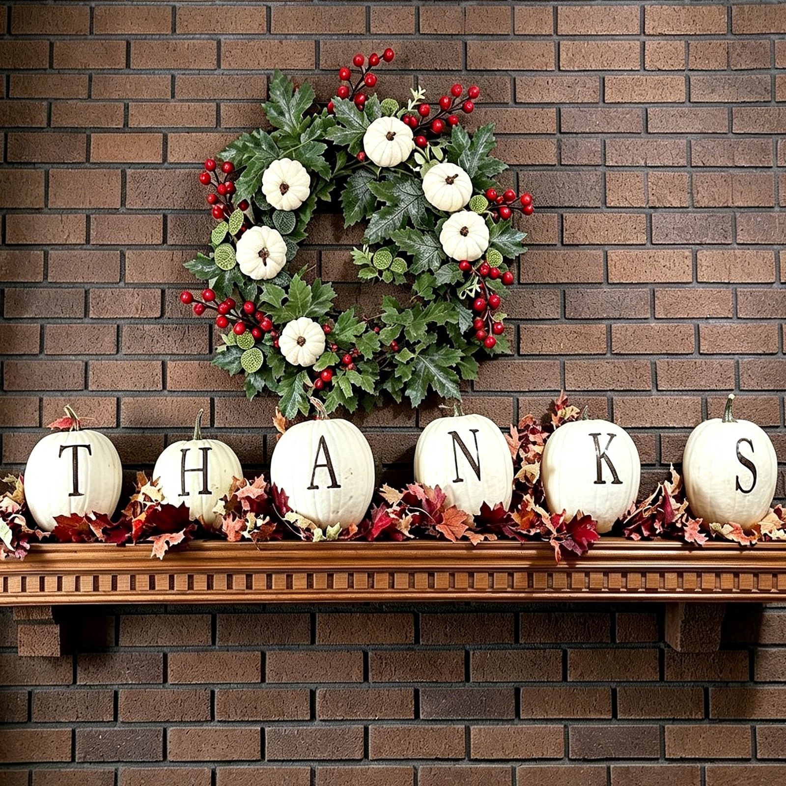 14in Plastic Wreath Artificial Flocked Pumpkins Berries Maple Eucalyptus