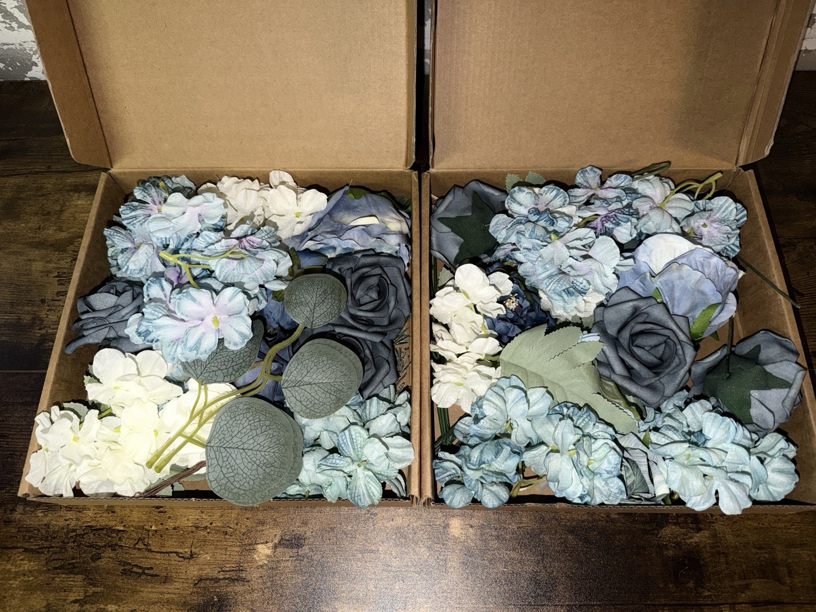 2 Boxes of Artificial Flowers Combo Box Set Dusty Blue Flowers for DIY Wedding