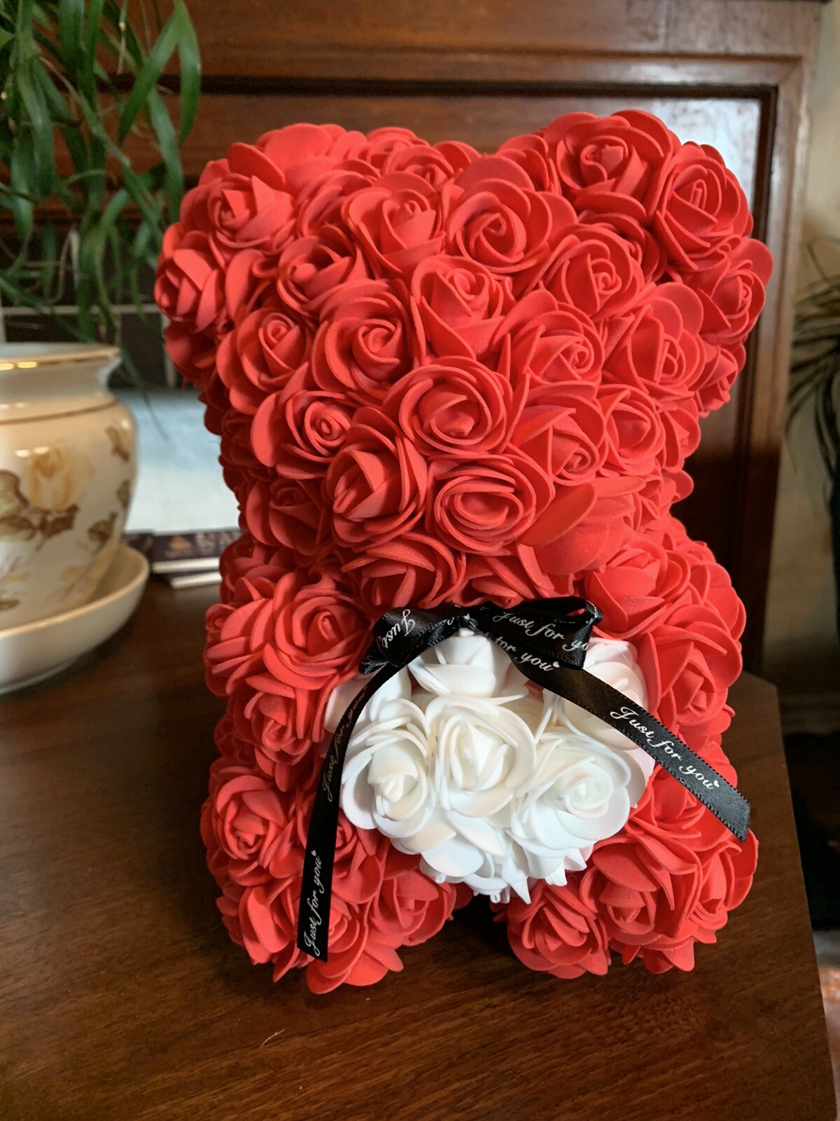 Red Rose Teddy Bear Gift “Just For You” New, Open Box Foam Flowers Cute!