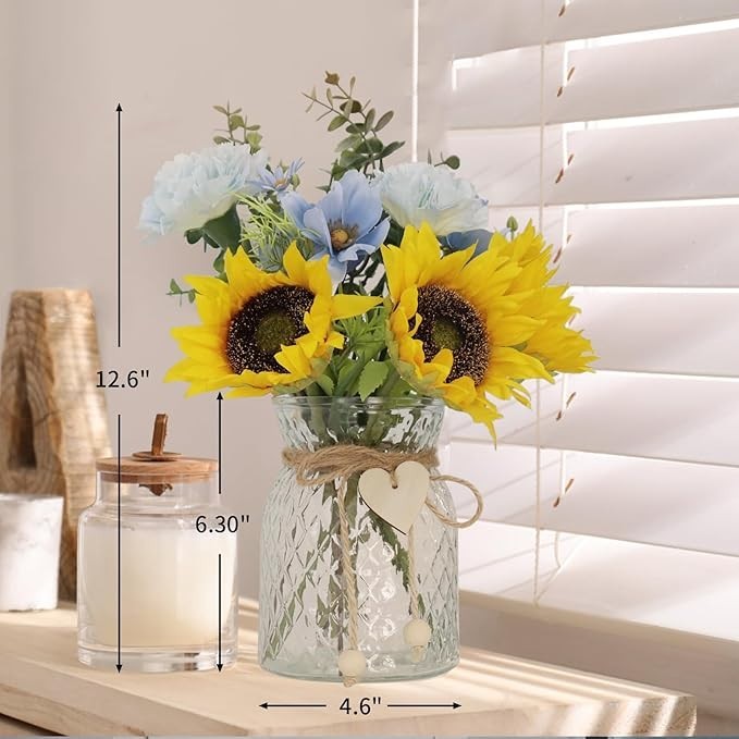 Blue-Yellow Sunflower Faux Flowers in Vase for Dining Room Table Centerpieces