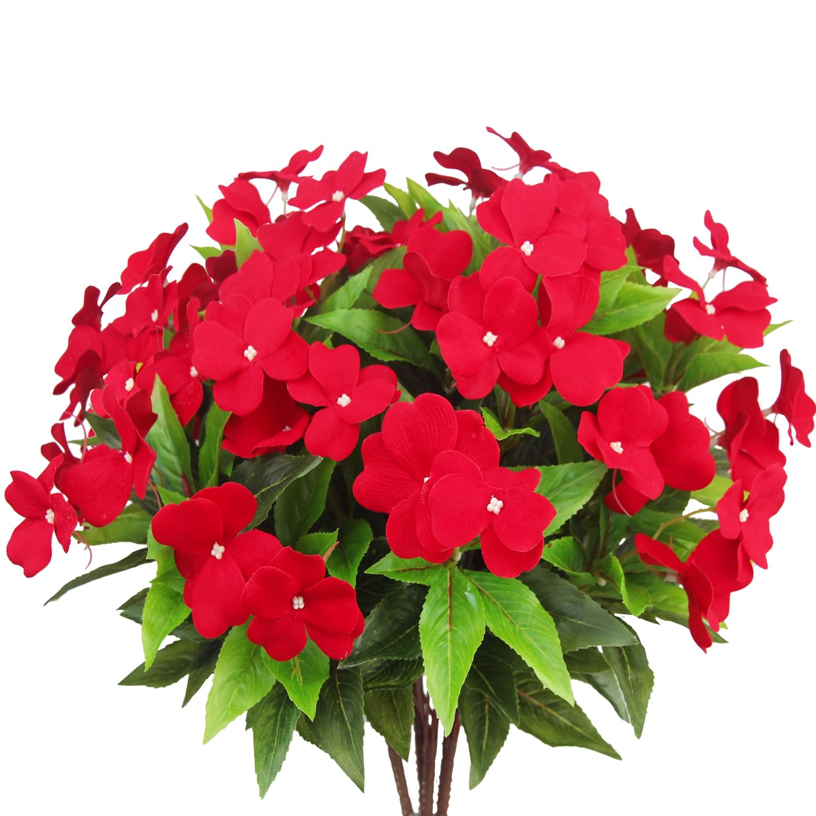 Artificial Outdoor Impatiens Flowers UV Resistant Faux Red Bushes 4PCS
