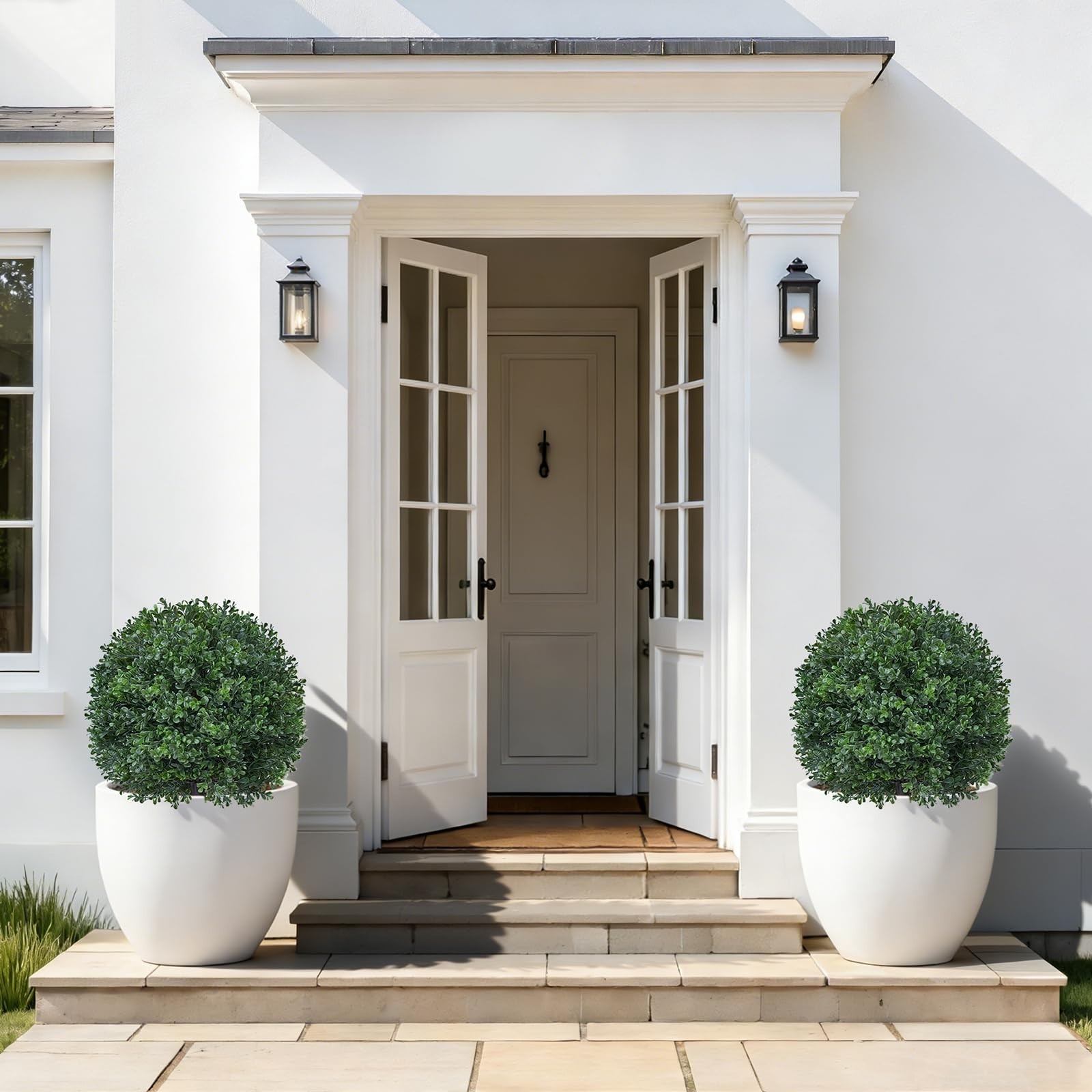 2 Pack Artificial Boxwood Topiary Trees – UV Resistant Faux Pine Shrubs for Indo