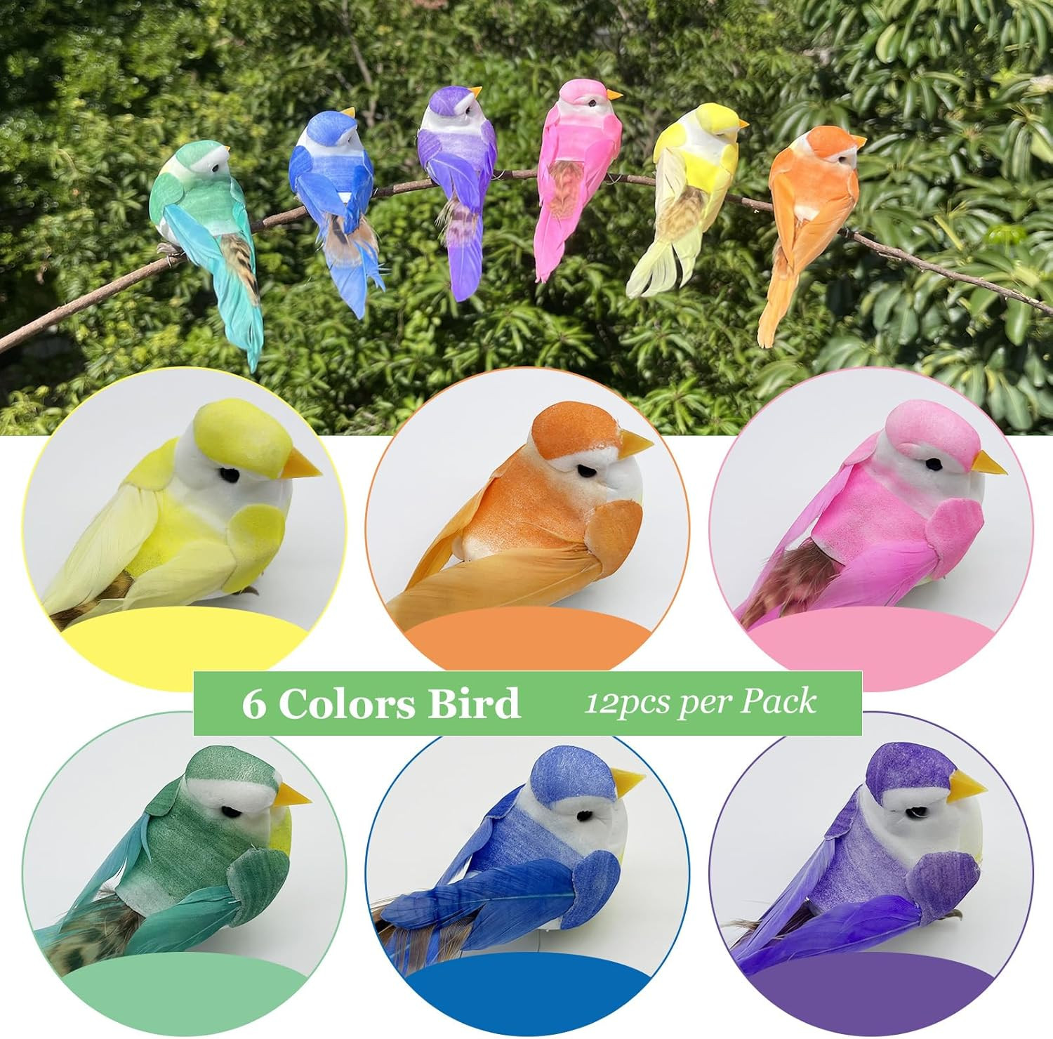 12Pcs Clip on Artificial Simulation Foam Feather Birds 3.5In Mini Love Birds for