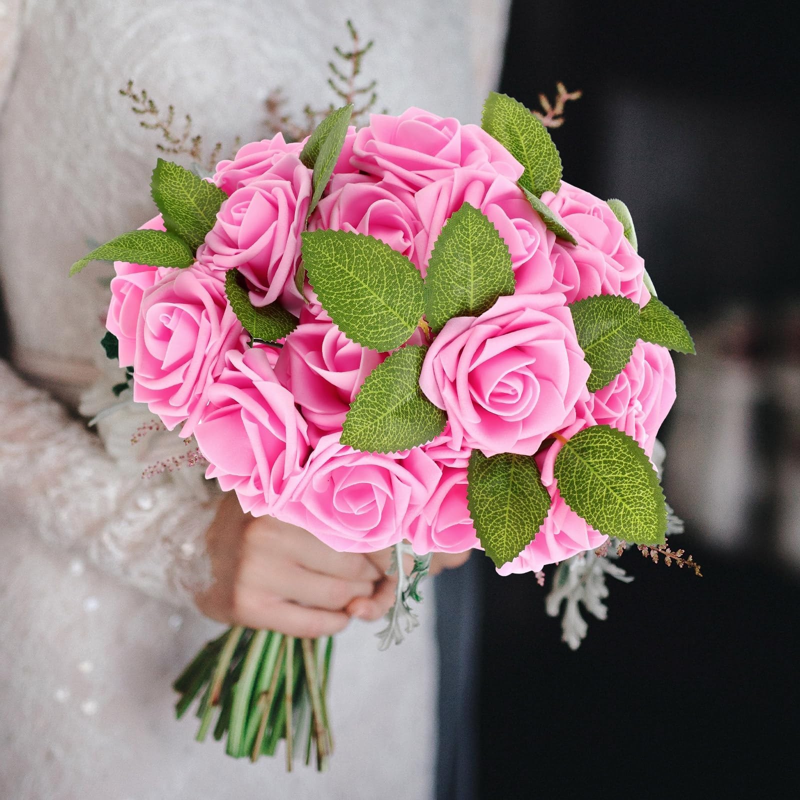 100 Pcs Faux Foam Rose Flowers with Stems for DIY Wedding Bouquets & Home Decor
